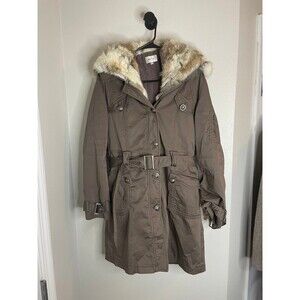 Aspenny Upcycled Parka Coat L Rabbit Fur Lined Hood Belted Utility Jacket Brown